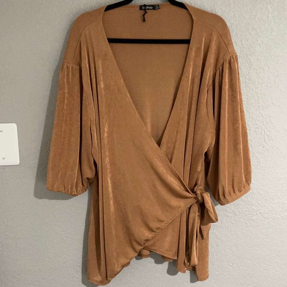 BooHoo Plus Puff Sleeve Wrap Blouse